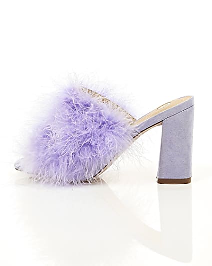 360 degree animation of product Purple fluffy feather block heel mules frame-21
