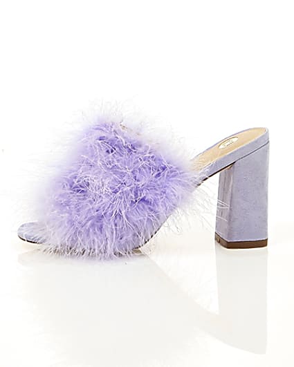 360 degree animation of product Purple fluffy feather block heel mules frame-22