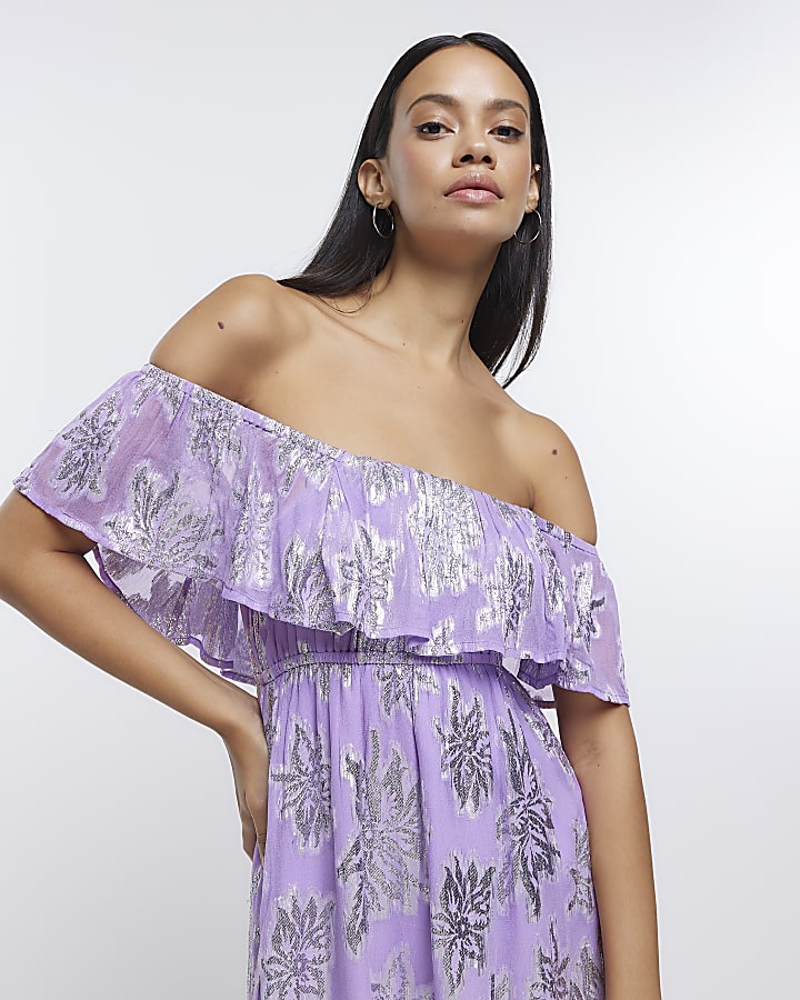 Purple frill detail bardot midi dress