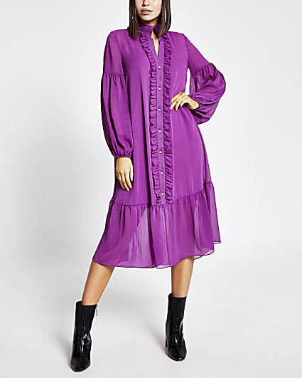 Purple frill long sleeve midi smock dress