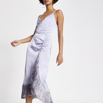 Purple Fringe Wrap Satin Slip Dress River Island 8532