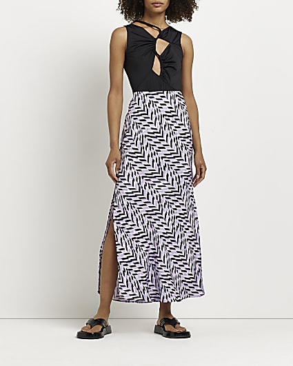 Purple geometric print midi skirt