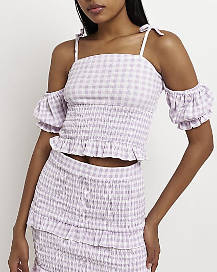 Purple gingham shirred cropped top