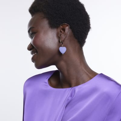 Purple heart drop hoop earrings