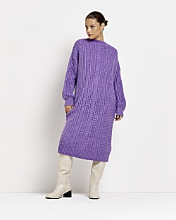 Purple knit cable jumper midi dress