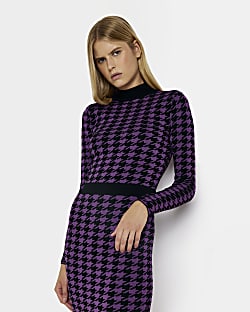 Purple knit dogtooth long sleeve top