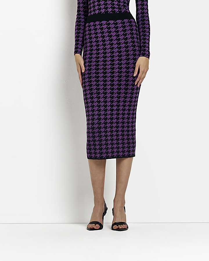Purple knit dogtooth midi skirt
