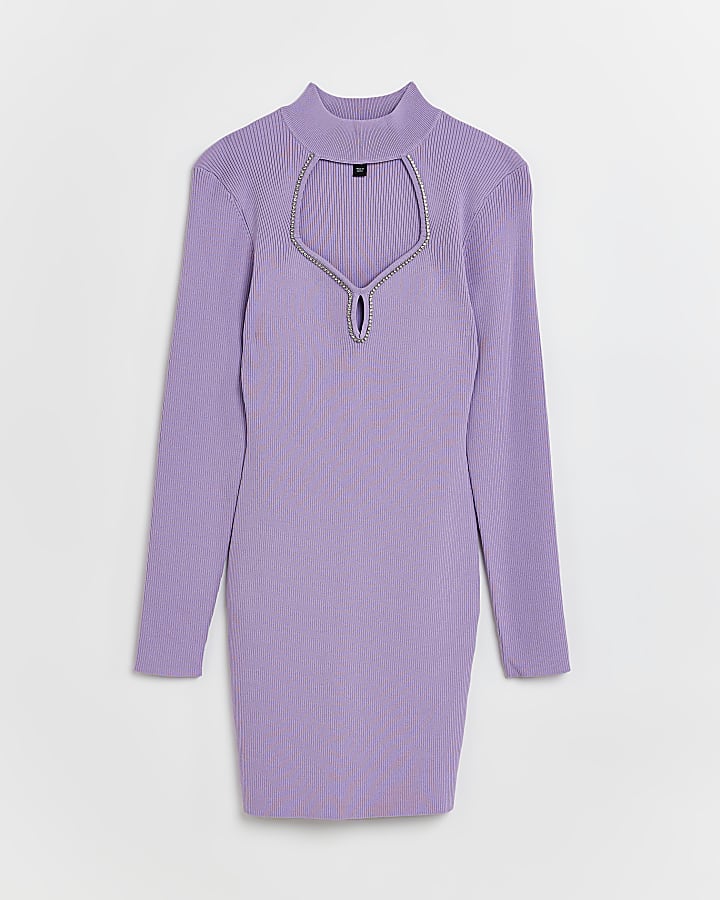 Purple knit embellished bodycon mini dress