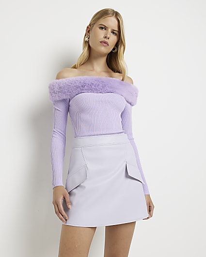 Purple knit faux fur trim bardot top