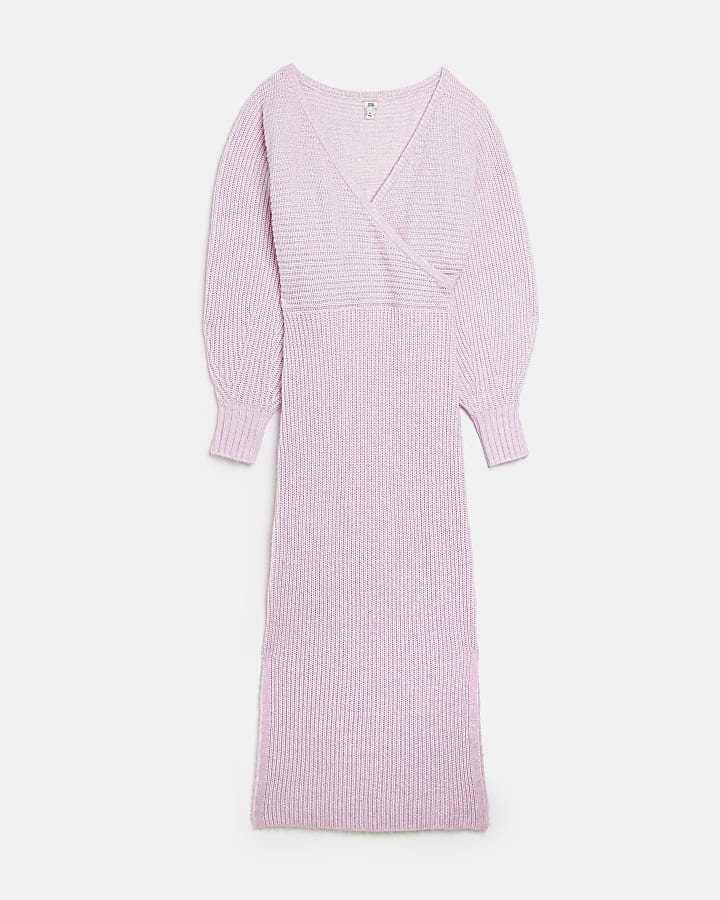 Purple knit long sleeve wrap midi dress