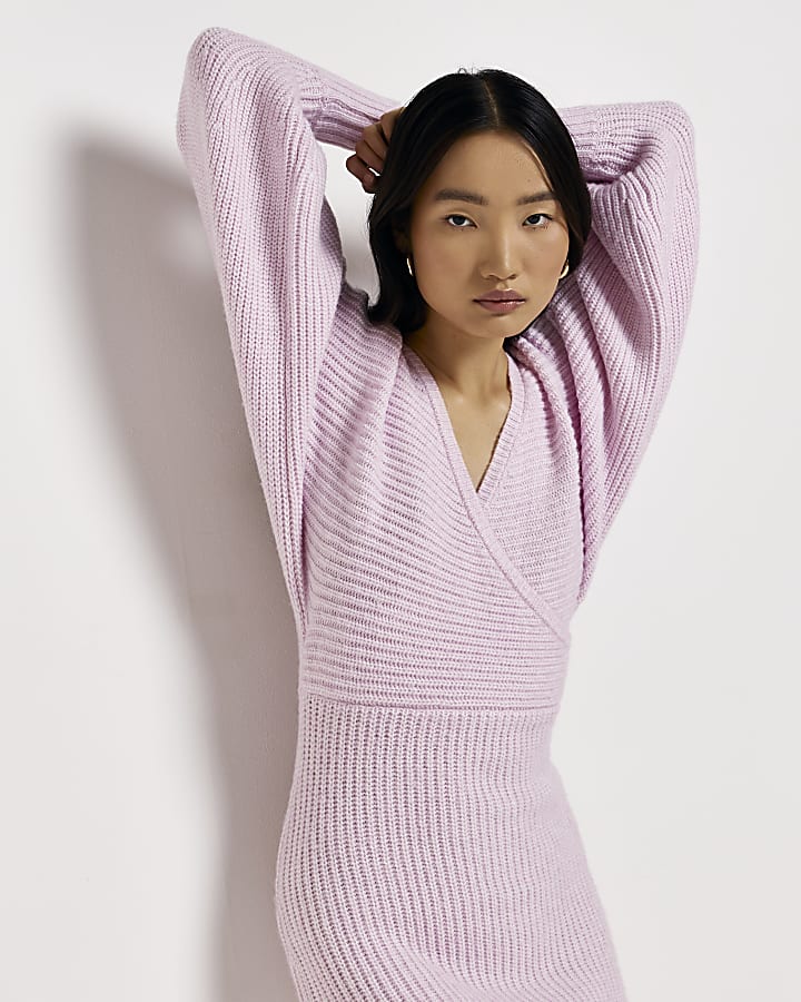 Purple knit long sleeve wrap midi dress