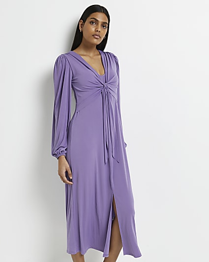 Purple knot front swing midi dress