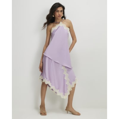 Purple Layered Lace Trim Satin Slip Dress