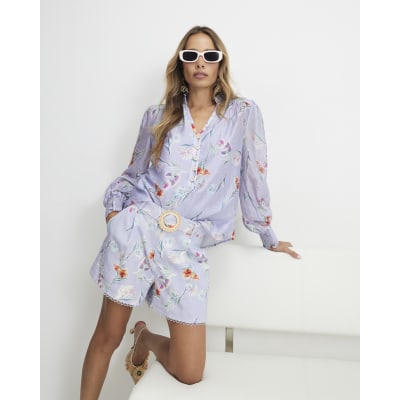 Linen Blend Floral Long Sleeve Blouse