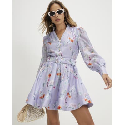 purple shirt dress Women Satin Flower Print Dresses Lapel Pleated Long-Sleeved Dress 3 M at Amazon Women's Clothing store Long sleeves SA Purple Shirt Dress 