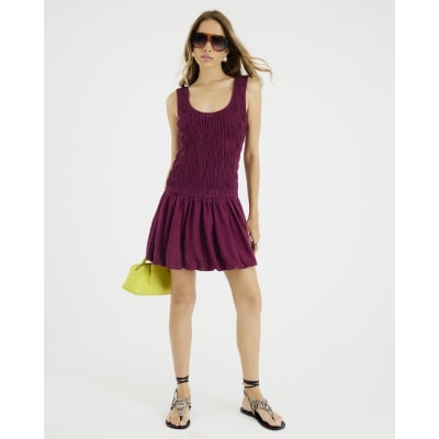 Purple Linen Blend Shirred Mini Dress