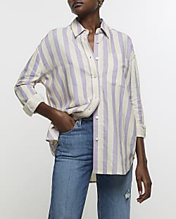 Purple linen blend striped shirt