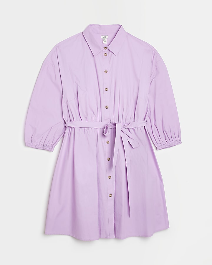 Purple long sleeve belted mini shirt dress