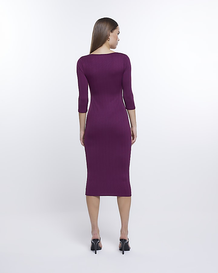 Purple long sleeve bodycon midi dress