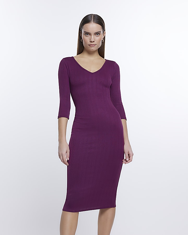Purple long sleeve bodycon midi dress