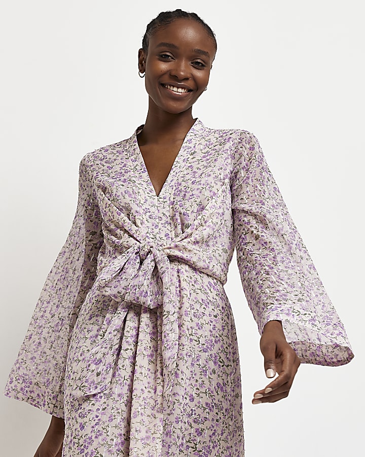 Purple long sleeve floral midi dress