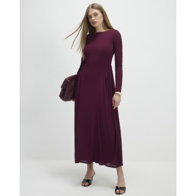 Purple Long Sleeve Gathered Waist Maxi Dress