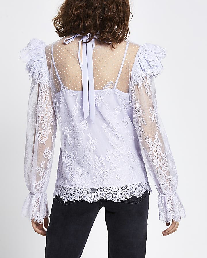 Purple long sleeve lace blouse top