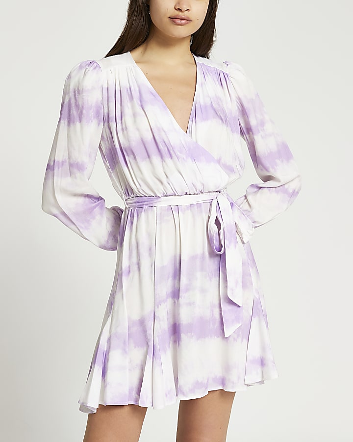 Purple long sleeve tie dye wrap mini dress