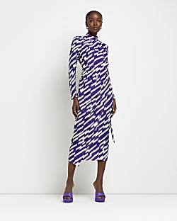 Purple long sleeve wrap bodycon midi dress