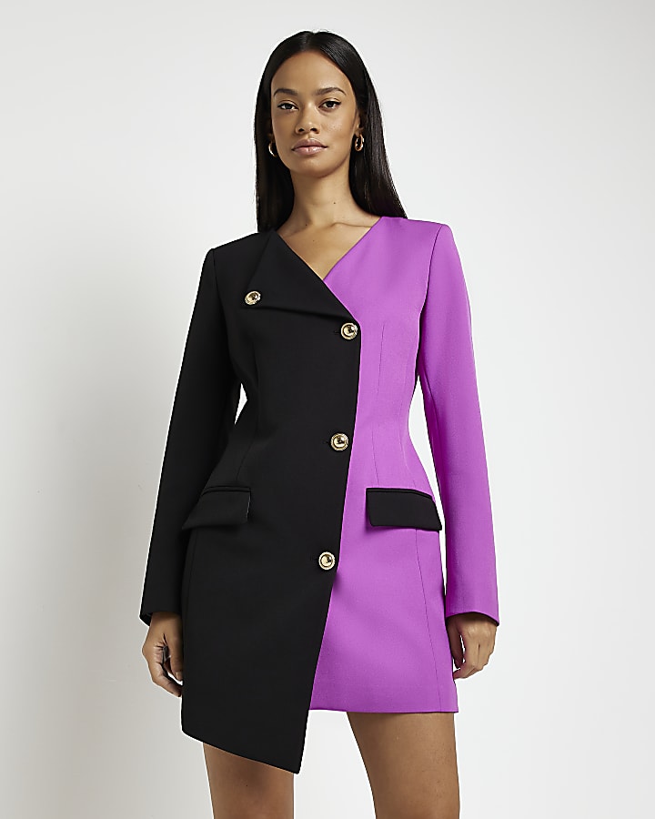 Purple long sleeve wrap mini blazer dress