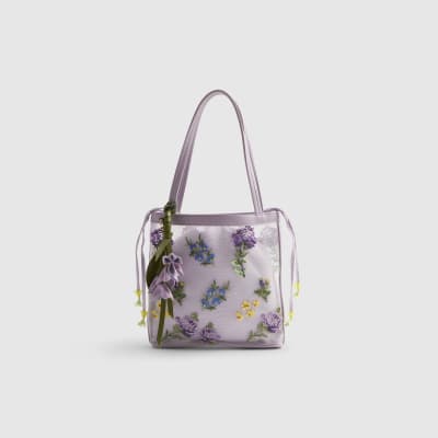 Purple Mesh Embroidered Mini Tote Bag | River Island