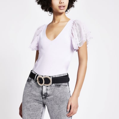 Purple mesh frill short sleeve V neck Tshirt River Island