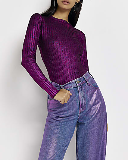Purple metallic long sleeve top