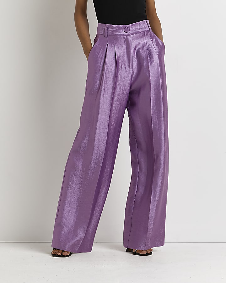 Purple metallic pleated wide leg trousers