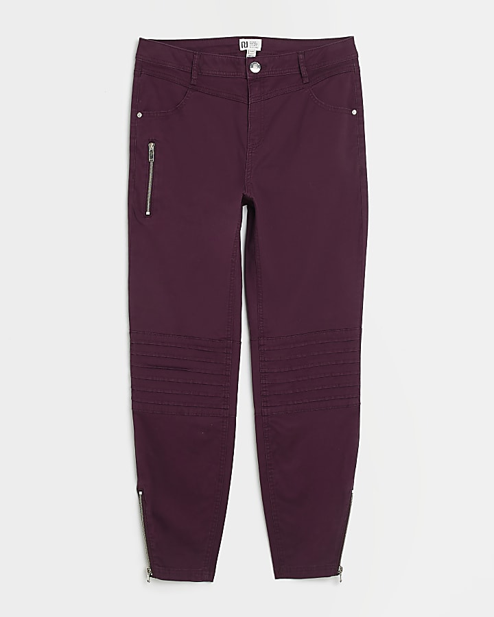 Purple mid rise biker skinny trousers