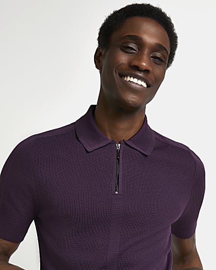 Purple muscle fit knitted polo shirt