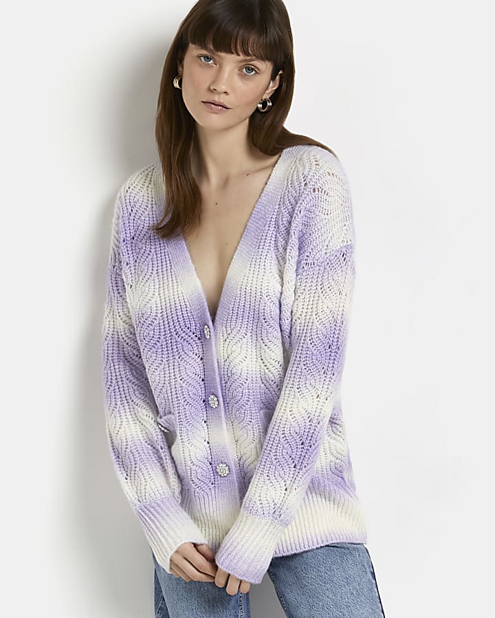 Purple ombre striped cable knit cardigan