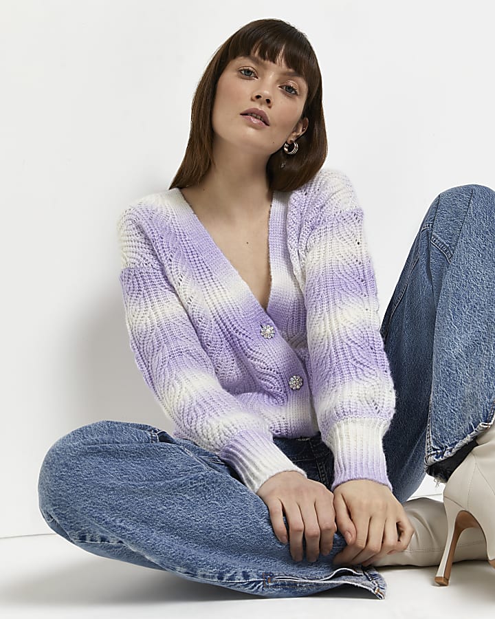 Purple ombre striped cable knit cardigan