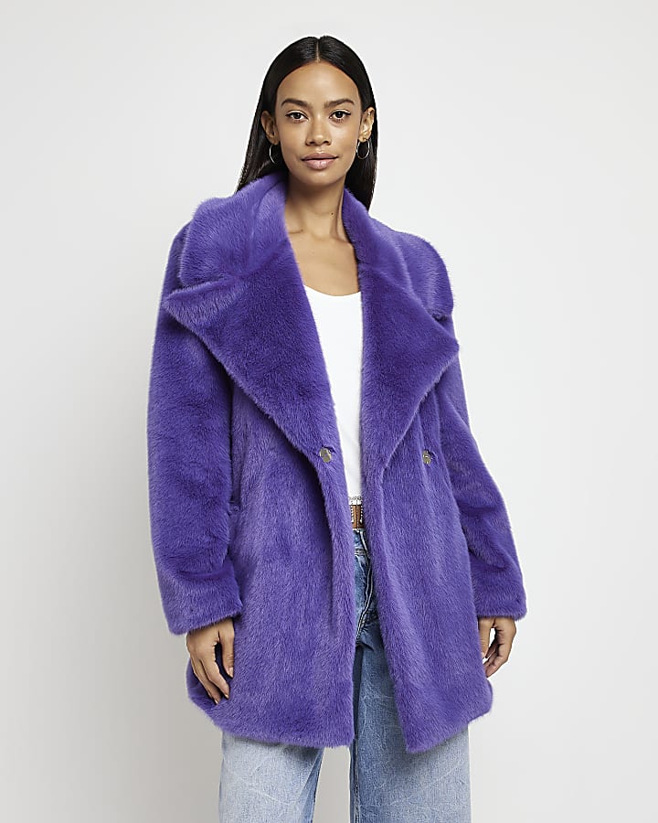 Purple oversized faux fur belted coat