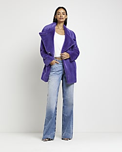 Purple oversized faux fur belted coat