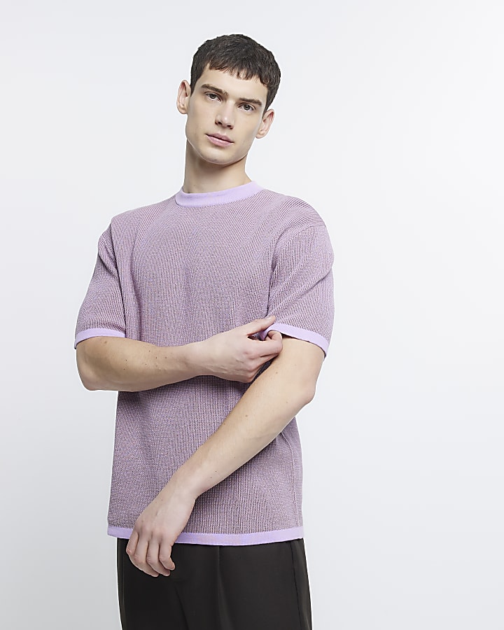 Purple oversized fit textured knitted t-shirt