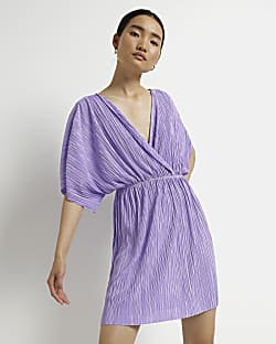 Purple plisse short sleeve mini wrap dress
