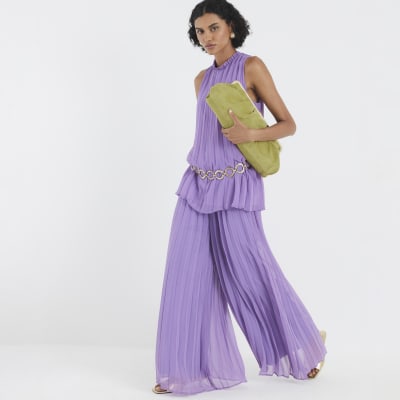 Purple Plisse Wide Leg Trousers