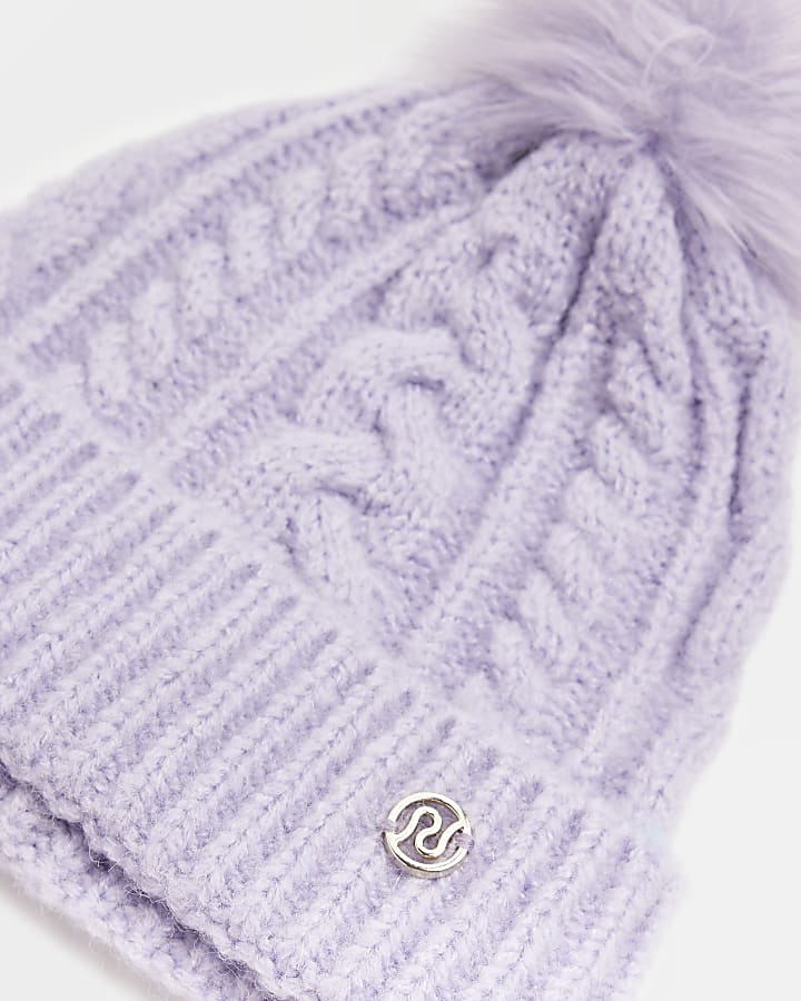 Purple pom pom cable knit beanie hat