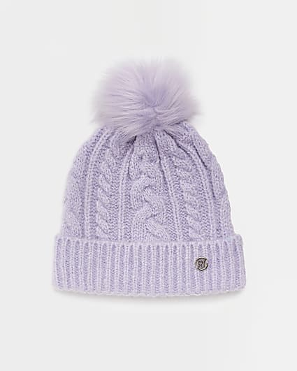 Purple pom pom cable knit beanie hat