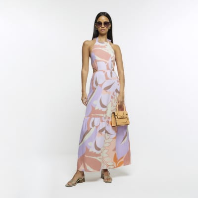 Purple print halter neck maxi dress