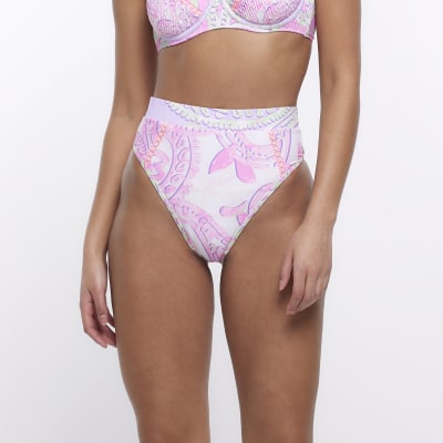 Purple print high waisted bikini bottoms