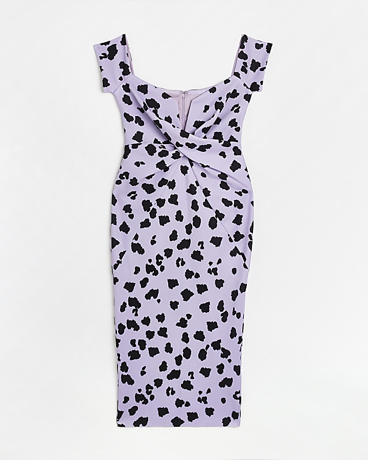 Purple printed bardot midi dress