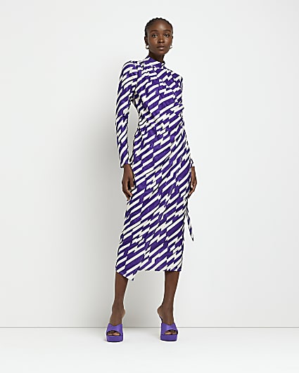 Purple printed high neck midi bodycon dress