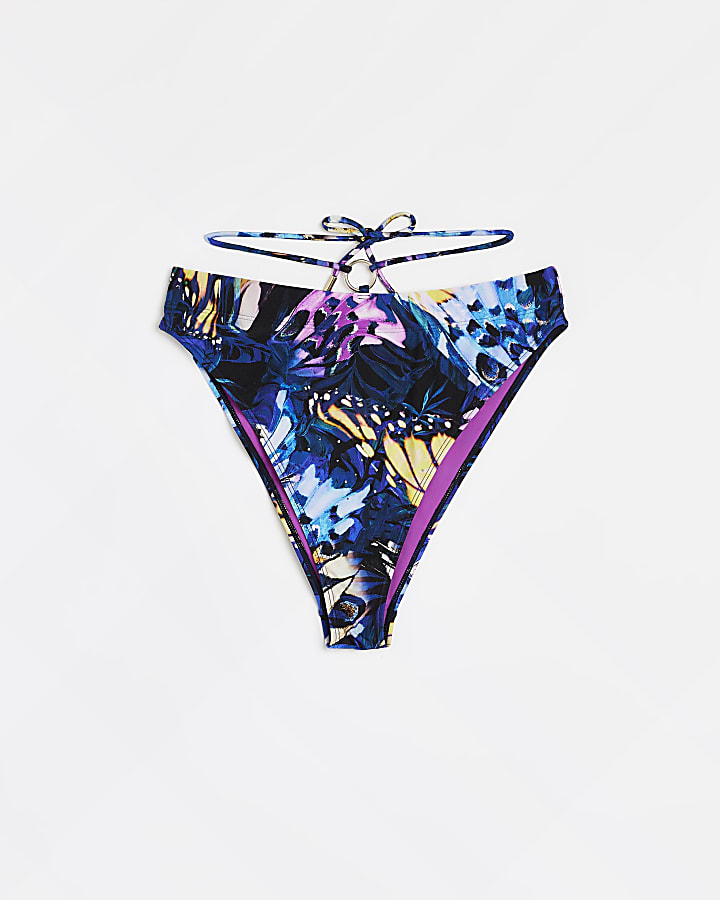 Purple printed high waisted bikini bottoms